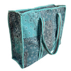 Bazaar Bhoot Edition Premium Cotton Quilted Shopping Tote Bag - Multipurpose Long Lasting Foldable Reusable Bag with zipper for Shopping, Travel & Daily Use - Made in India (Shaded Teal Blue)