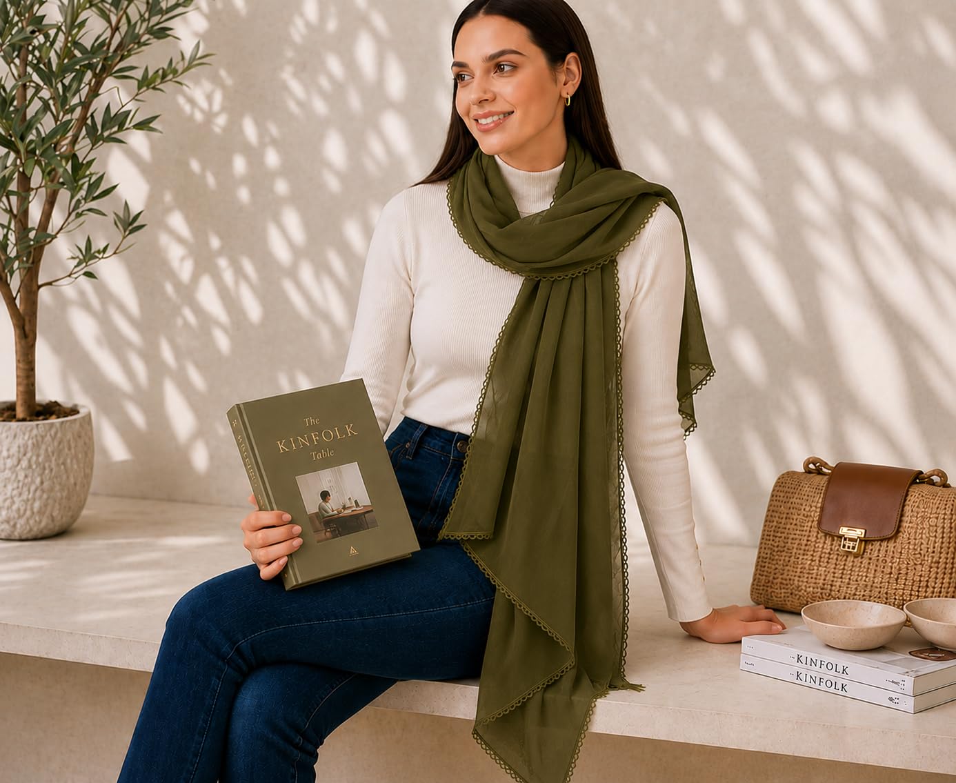 Ravaiyaa Women Solid Chiffon Scarves With Lace Border | Women Lightweight Breathable Solid Color Soft Chiffon Long Fashion Scarves Sun-proof Shawls Wrap (Olive)