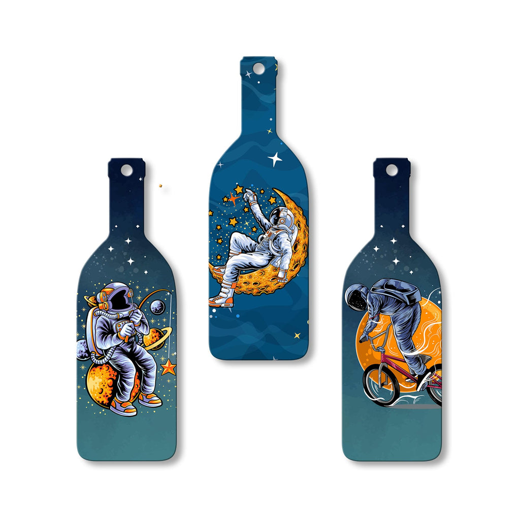 Artvibes Astronaut in Space Decor Bottle shaped Wooden Wall Hanging | Living Room | Office | Wall Art Painting For Hall | Graphic Artwork | Aesthetic Wooden Decor | Ideal Gifts (WH_9523N), Set of 3