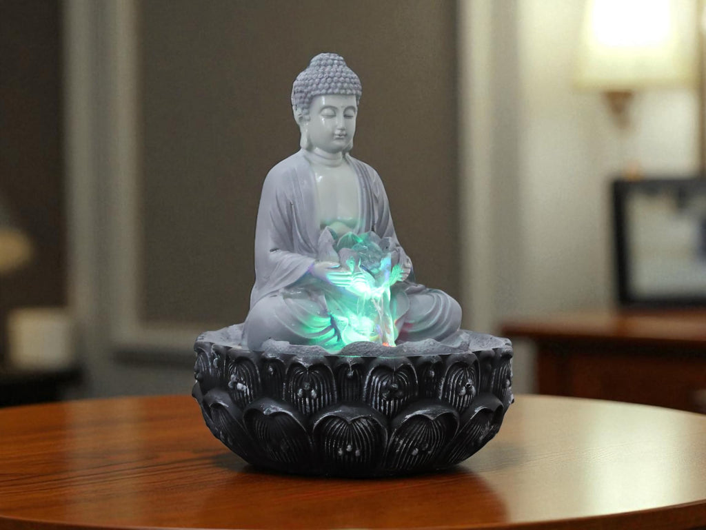 KridayKraft Meditating Buddha Water Fountain Idol Polyresin Lotus Water Fountain Showpiece for Home Garden Living Room Decor Decoration Gift Items, 24 CM