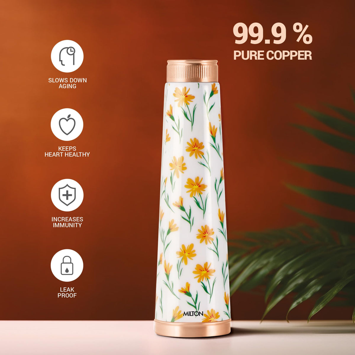 MILTON Copper Delight Design Water Bottle, 915 ml, Floral | Lacquer Coating, Curved bottle | Diwali | Festive | Gifting | Yoga | Home | Kitchen | Vedic