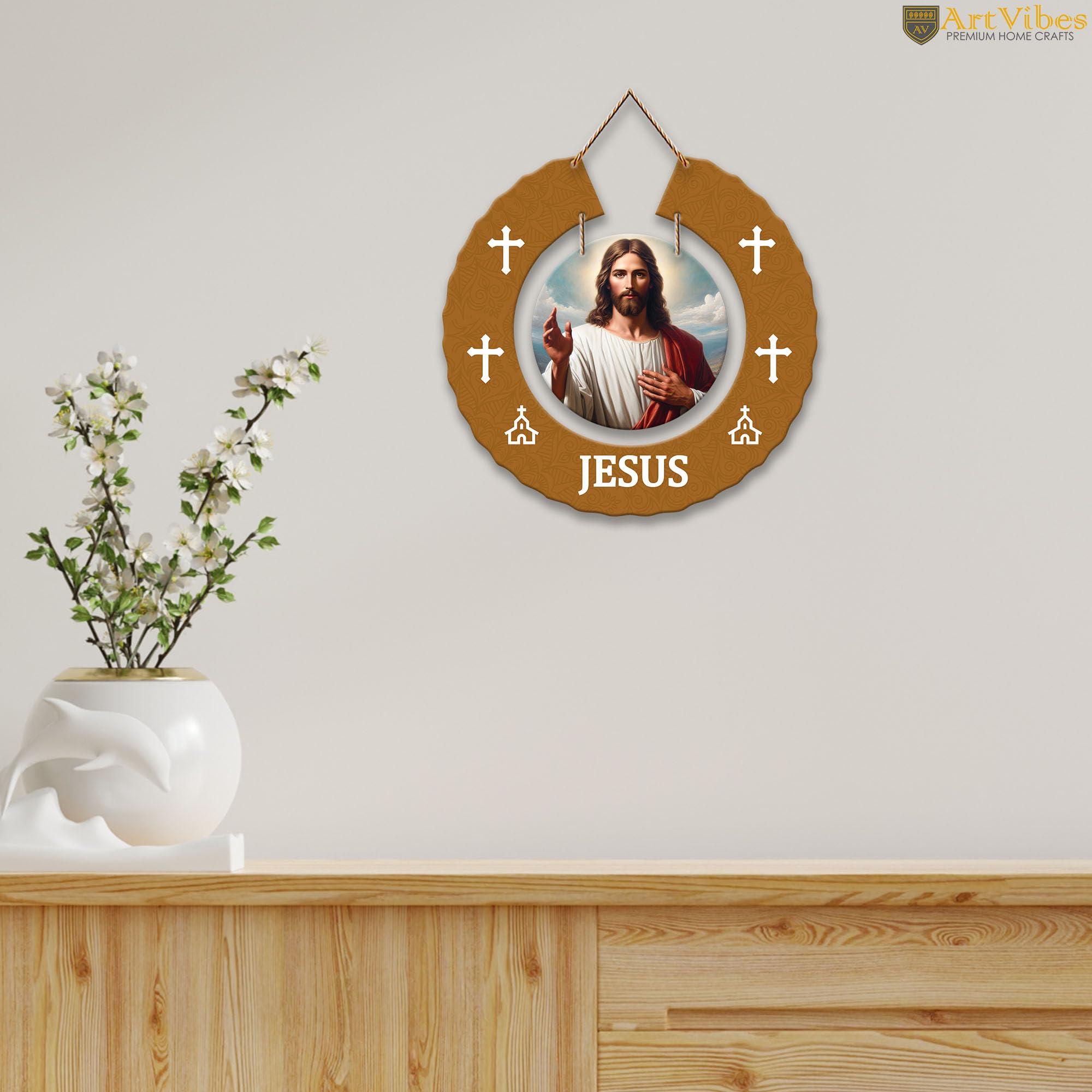 Artvibes Jesus Christ Round Shape MDF Wooden Wall Decor Items For Living Room | Office | Spiritual Decor Items | Religious Wall Art | Wall Poster | Modern Decor Items | Unique Gift (WH_9808N)