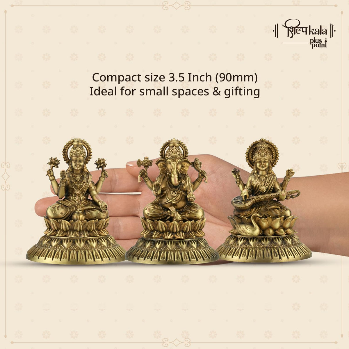 Shilpkala Ganesh, Laxmi & Saraswati Ji Brass Idol 3.5 Inch - Decorative Brass Items for Temple & Home, Spiritual Gift Item for Wedding & Farewell, Statue for Daily Worship (Coffee Antique)