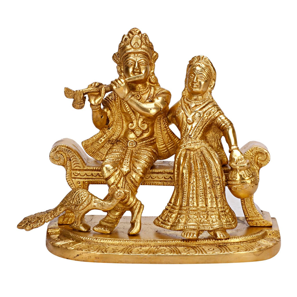 ARTVARKO Brass Radha Krishna Playing Flute Sitting on Couch with Peacock Statue Radha Krishan Ji Murti Temple Puja Office Home Décor Showpiece Gift 7 Inch.