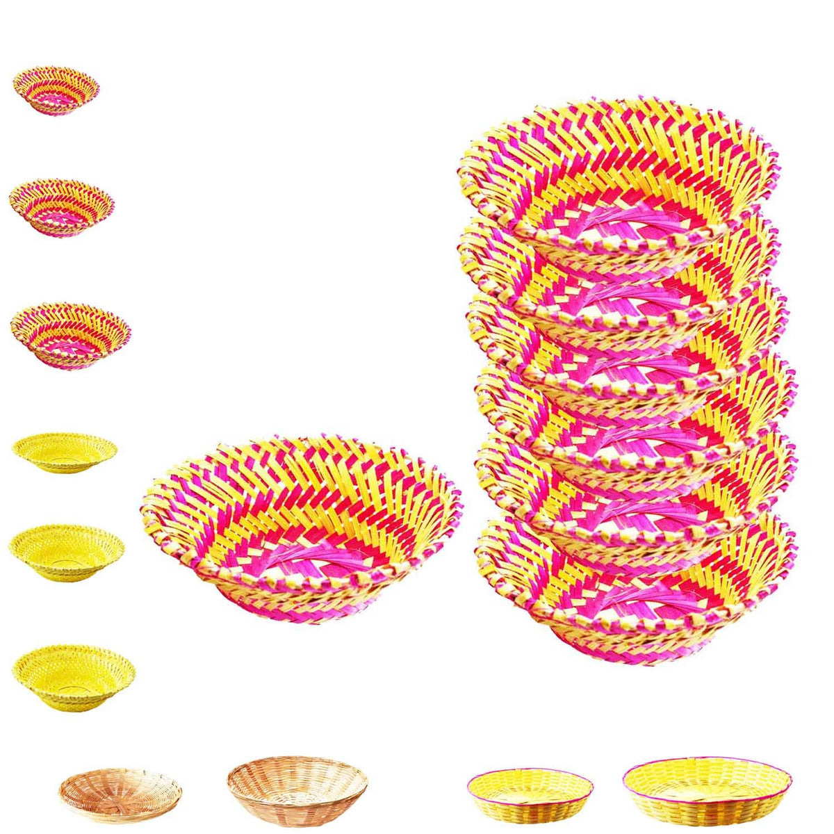 SAI BALAJI Natural Bamboo Medium Round Baskets -Pack of 6 (Pink & Brown, 23 x 23 x 8 cm) | Handwoven Bamboo Trays for Hampers, Festive Gifting, Home Decor, Storage & Return Gifts