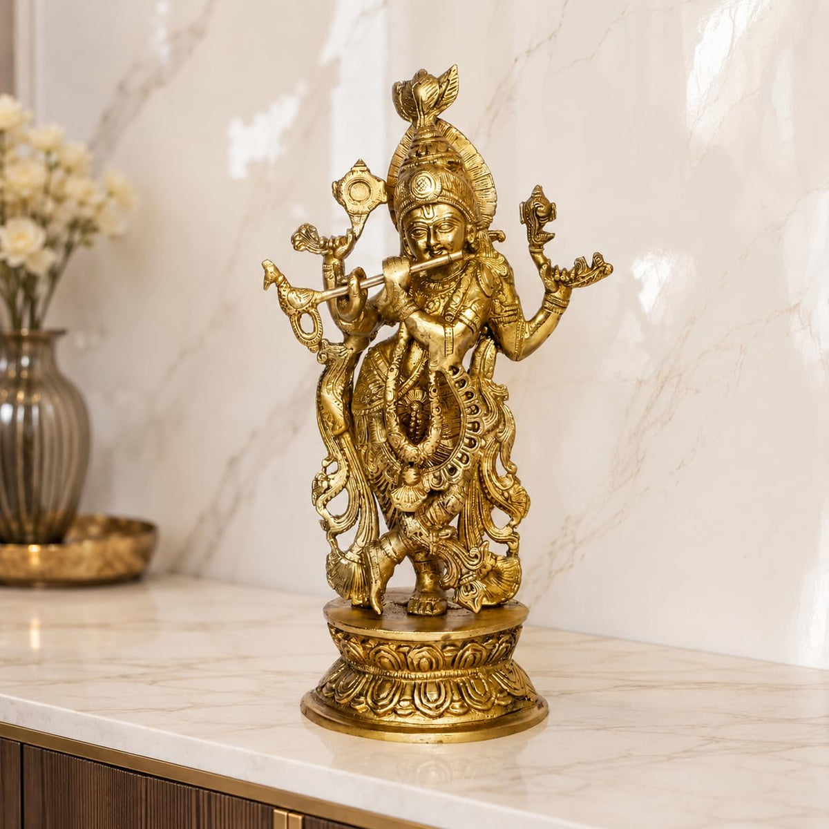 ARTVARKO Large Brass Idol Murti Lord Krishna Metal Statue with Flute Home Decor for Living Room Pooja Gift Height 12 Inch