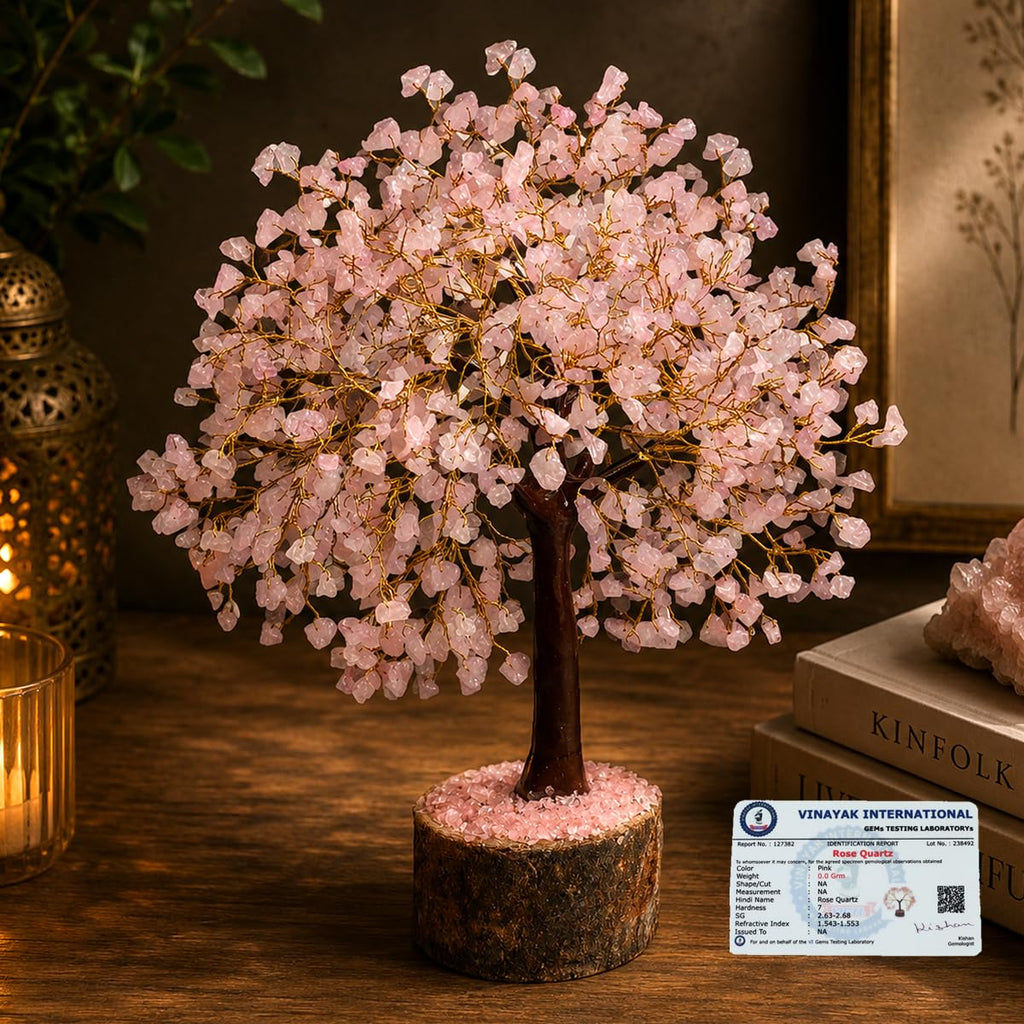 Reiki Crystal Products Rose Quartz 500 Bead Crystal Stone Tree | Natural Gemstone Money Tree for Love, Harmony, Emotional Balance & Positive Energy | Home Office Décor, Vastu & Feng Shui Gift