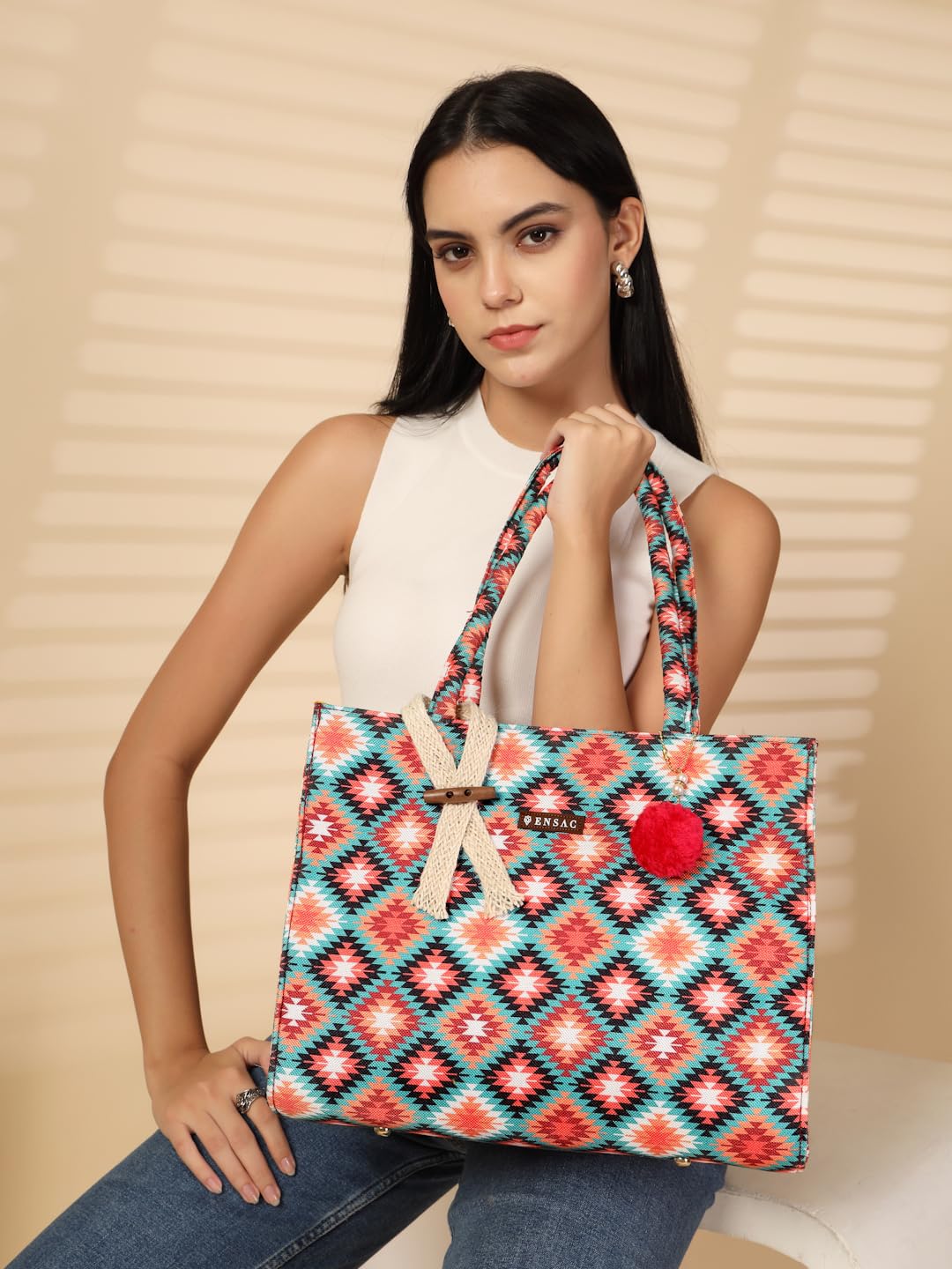ENSAC Casual Tote Bag With Zipper for Women & Girls | Large Canvas Shoulder Bag, Stylish Designer Handbag, Ethnic Pattern, Spacious, Lightweight, Perfect for Office, College & Shopping