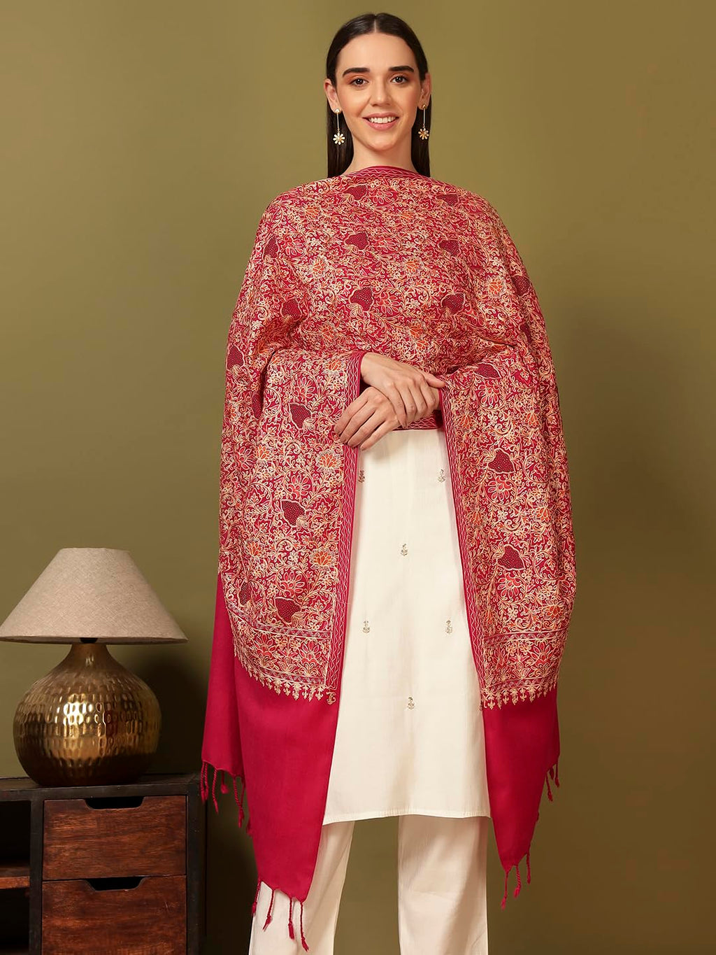 Pashmoda Women Hunar Fine Wool Nalki Embroidered Stole (Size : 28x80in, 71X203cm) EMST02