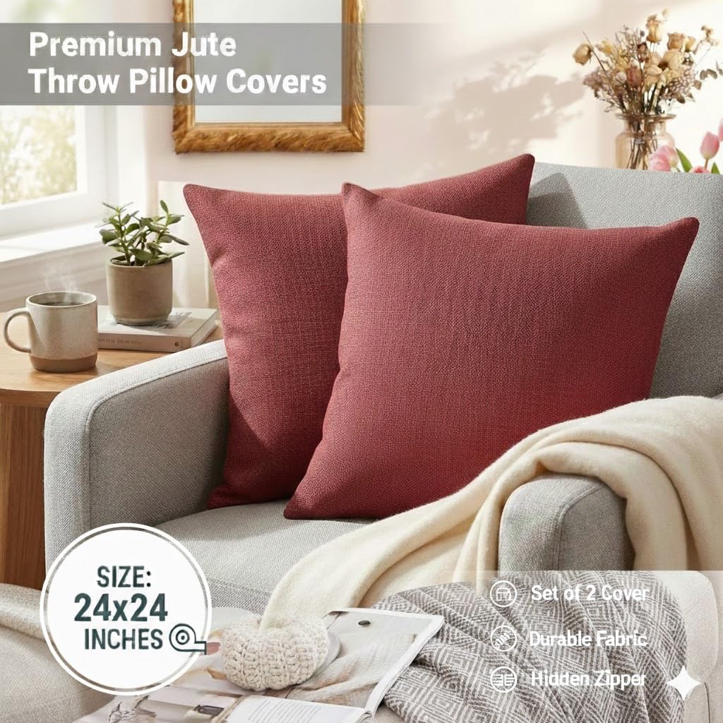 CASA-NEST Jute Cushion Cover 24x24 (Pack of 2) (Red) JUTEREV24