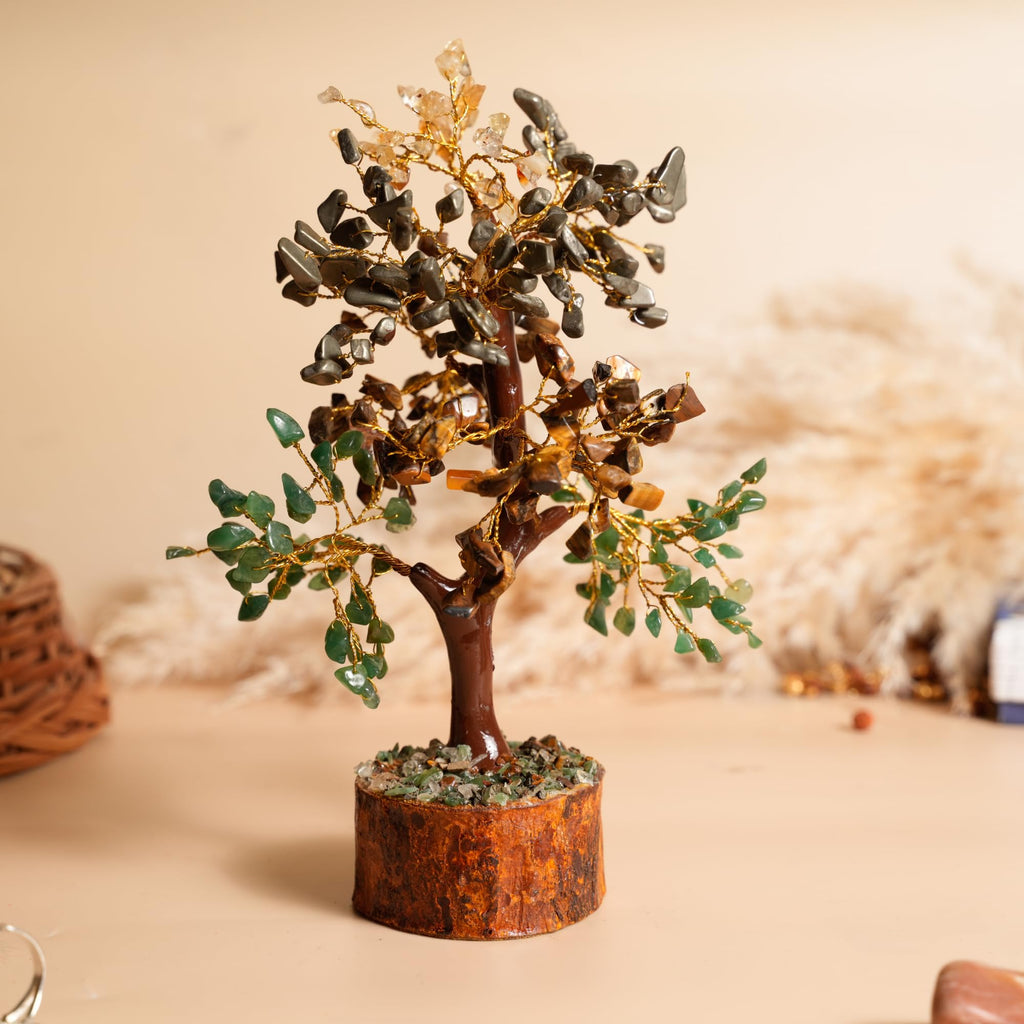 Money Magnet Crystal Tree with Pyrite, Tiger Eye, Citrine & Green Aventurine for Wealth, Abundance, Financial Growth, Success & Positive Energy | Vastu Decor for Home & Office