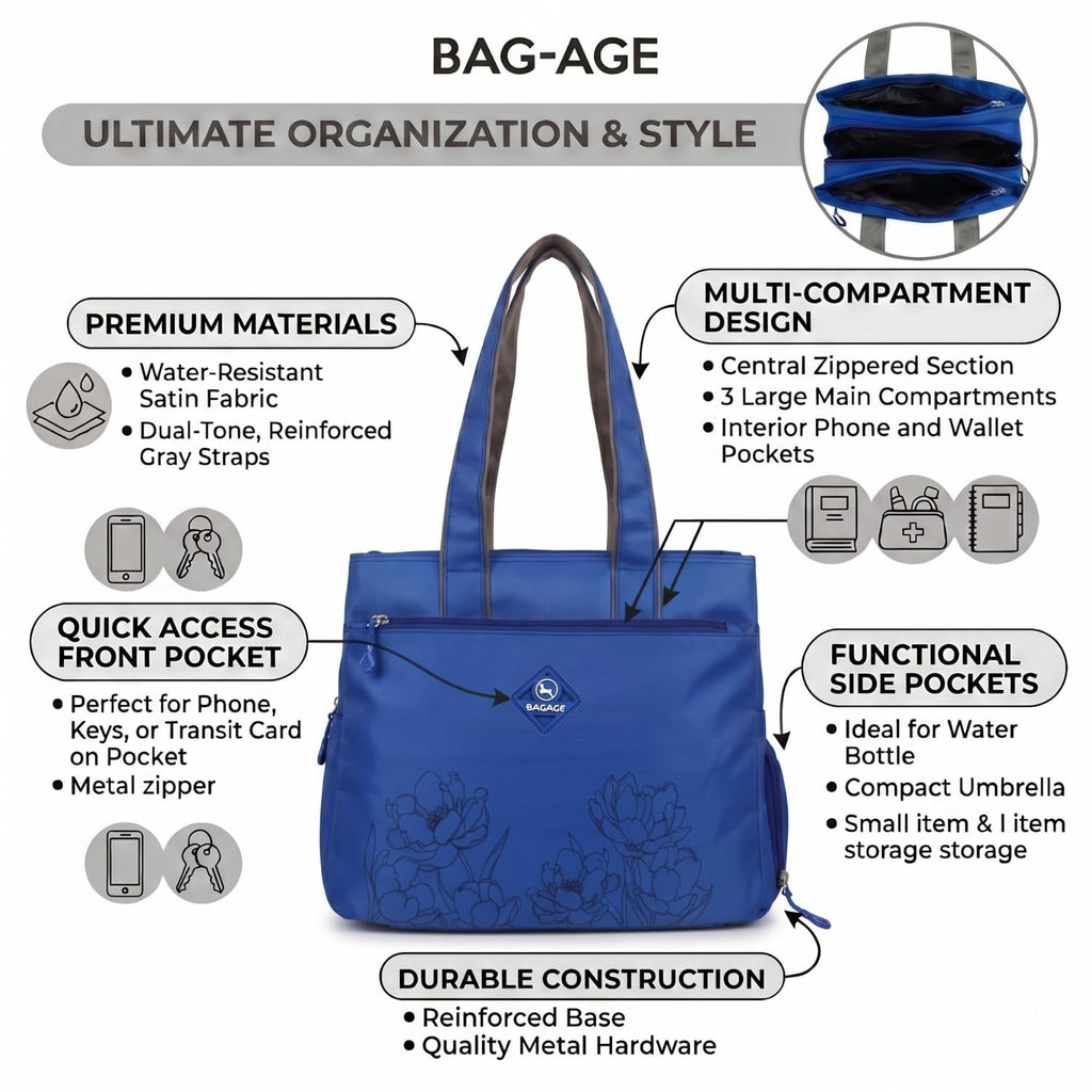 Bag-Age HB55 Tote Handbag for Girls & Women, Water Resistant Office Work Bag with Umbrella Pocket, Large Capacity Shoulder Bag for Work, Travel & Daily Use (Blue)