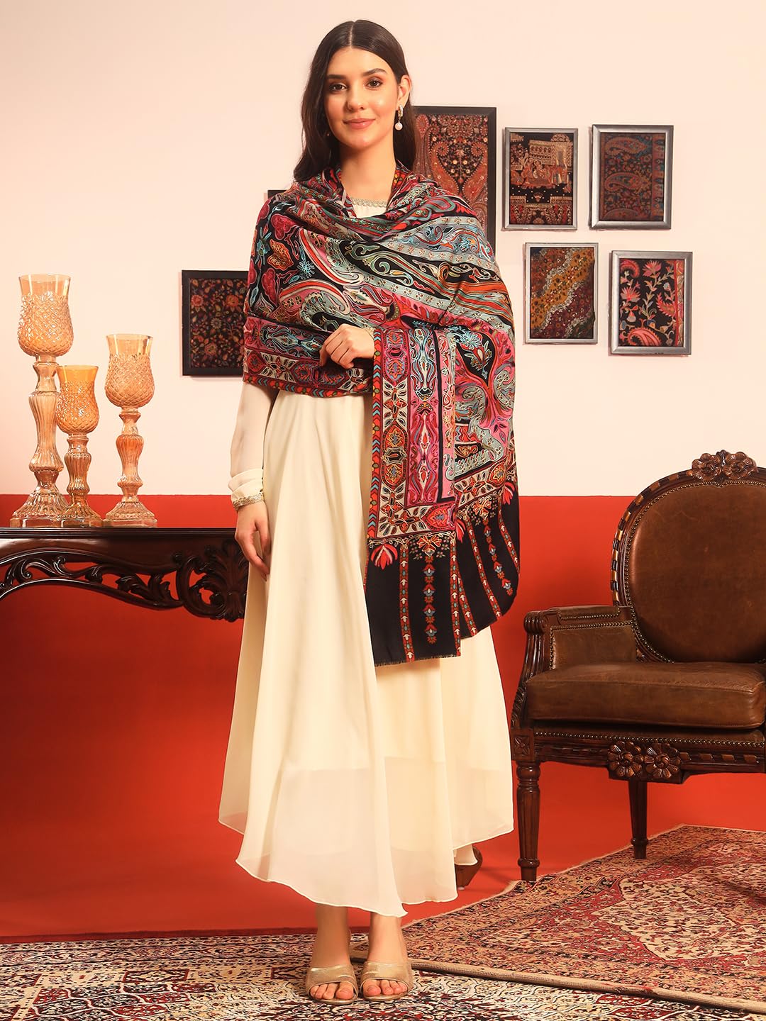 Pashmoda Women Rangrez Rangkalam 100% Pure Wool Fabric Kalamkari Embroidered Shawl (Size: 40x80in, 101x203cm) KAS23