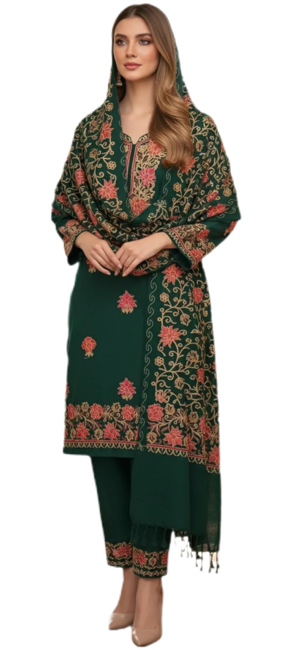 latest Womens pure woolen kashmiri embroidered salwar suit with heavy embroidery on shawl,winter wear,woollen kurta pant set dress material(UNSTITCHED FABRIC SET) by pure Pashmina wooltex.B.GREEN