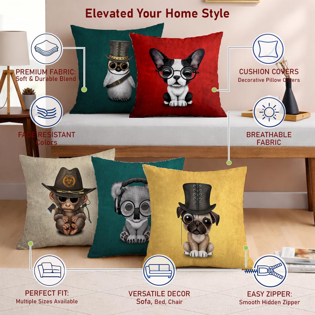 STITCHNEST Set of 5 Funky Friends Collection Printed Jute Cushion Covers 12x12 Inches | Decorative Throw Pillow Covers for Sofa, Living Room, Bedroom | Perfect for Home Decor