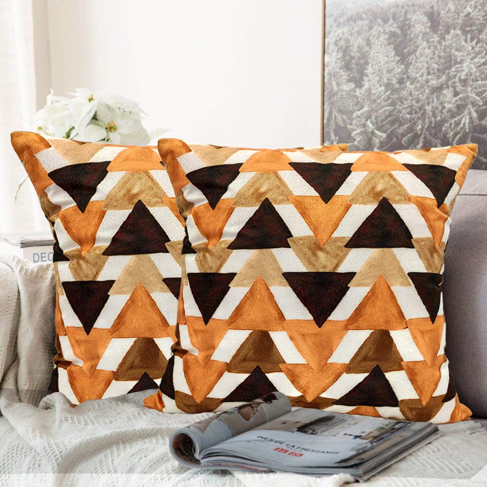 Khooti Velvet Cushion Cover, 24x24 Inch (Triangular Umber)(Pack of 1)