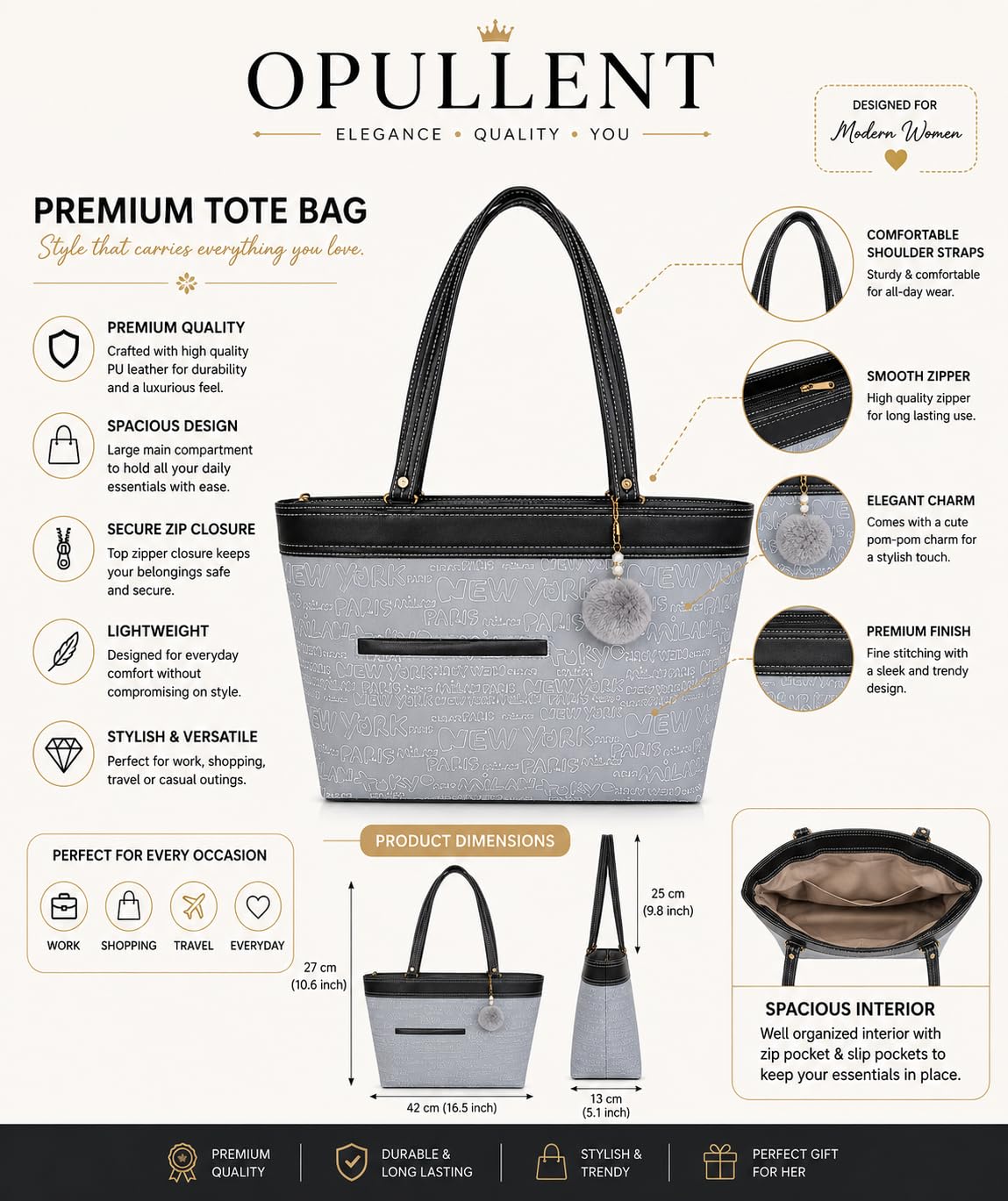 OPULLENT Large Capacity Tote Bag For Women Grey & Black