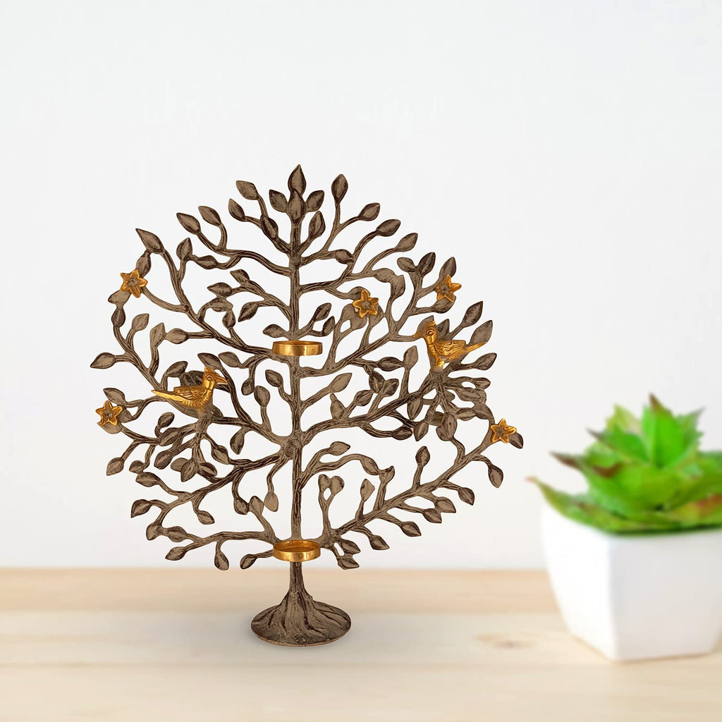 Artvarko Brass Tree of Life Candle Holder Stand with Birds Sitting on Tree's Branch Traditional and Decorative Kalpavriksha (Brown & Gold 15x17 Inches)