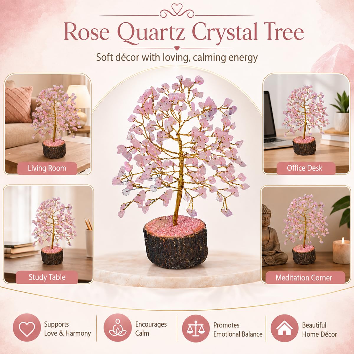 Reiki Crystal Products Rose Quartz 100 Bead Crystal Stone Tree | Natural Gemstone Money Tree for Love, Harmony, Emotional Balance & Positive Energy | Home Office Décor, Vastu & Feng Shui Gift