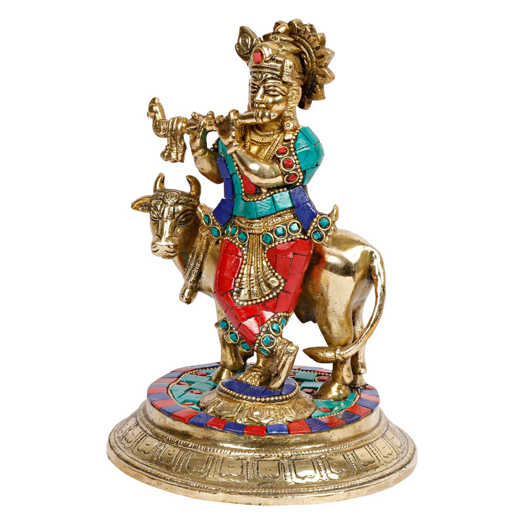 ARTVARKO Brass Krishna with Cow Standing Playing Flute Idol Statue for Home Mandir Pooja Krishan Ji Murti Temple Puja Office Home Décor Showpiece Gift 8 Inch.