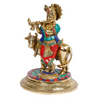 ARTVARKO Brass Krishna with Cow Standing Playing Flute Idol Statue for Home Mandir Pooja Krishan Ji Murti Temple Puja Office Home Décor Showpiece Gift 8 Inch.