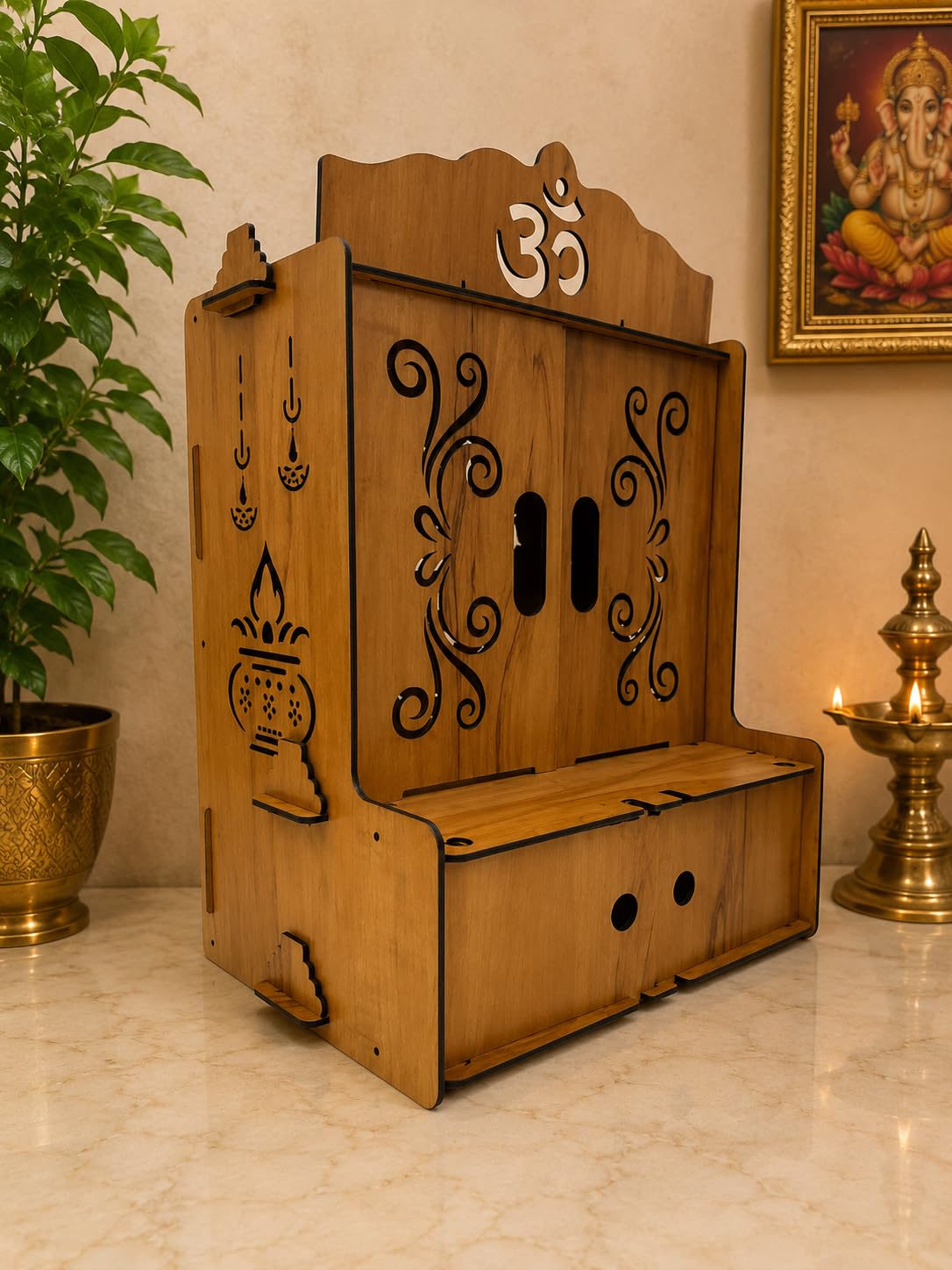 EXPRO Wooden Pooja Mandir with OMWITHBELLS Cut Decorative with Door Engineered Wood Home Temple