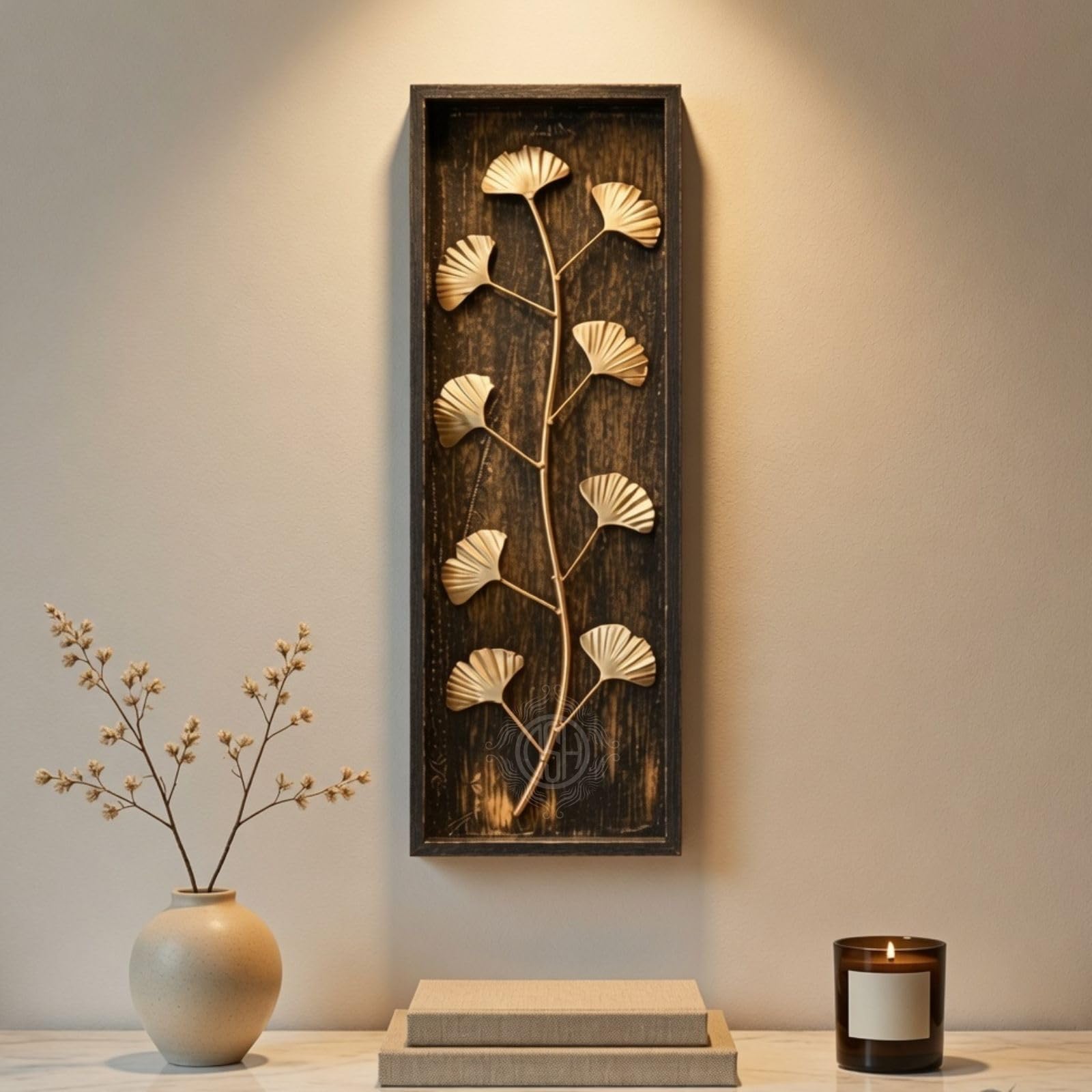 DSH Leaf Wall Art Panels Modern Rustic Home Décor Wall Hanging Sculpture for Living Room, Bedroom & Office (45X15 CM) Decoration Item (Ginkgo Leaf, 1 Frame)