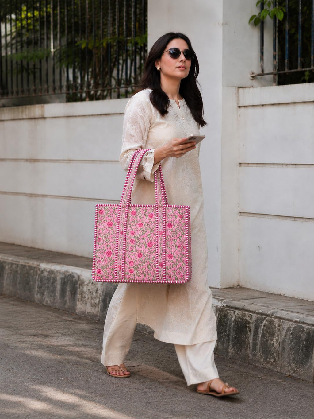 Floral Aesthetic Quilted Cotton Tote Bag, Office Travel Shopping Carryall