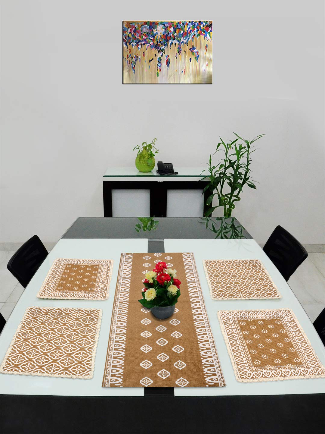 Saral Home Easy Living Cotton Dining Table Kitchen Placemats, 4 Mat -33X45Cm, 1 Runner 43X120 Cm (Set of 5), Beige Kafalo