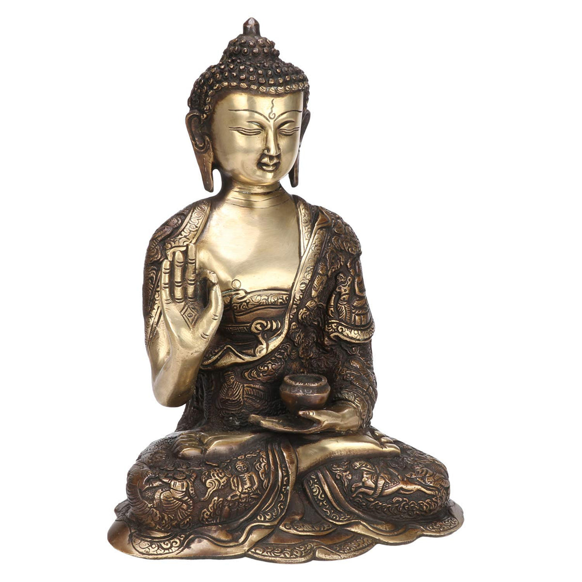 Svarup Brass Gautam Buddha Idol Statue Murti Draped in Stone Embellished Shawl for Home Decoration Blessing Buddha Height 12 Inch Weight 5 Kg Color Brown Gold