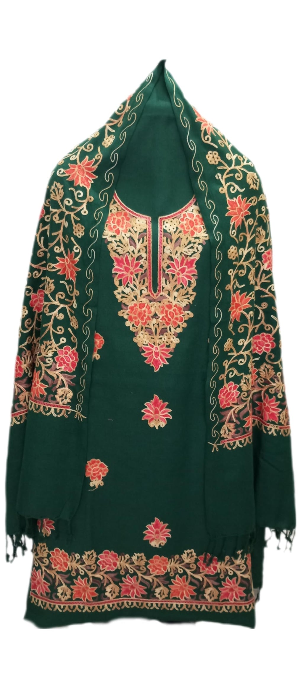 latest Womens pure woolen kashmiri embroidered salwar suit with heavy embroidery on shawl,winter wear,woollen kurta pant set dress material(UNSTITCHED FABRIC SET) by pure Pashmina wooltex.B.GREEN