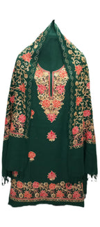 latest Womens pure woolen kashmiri embroidered salwar suit with heavy embroidery on shawl,winter wear,woollen kurta pant set dress material(UNSTITCHED FABRIC SET) by pure Pashmina wooltex.B.GREEN