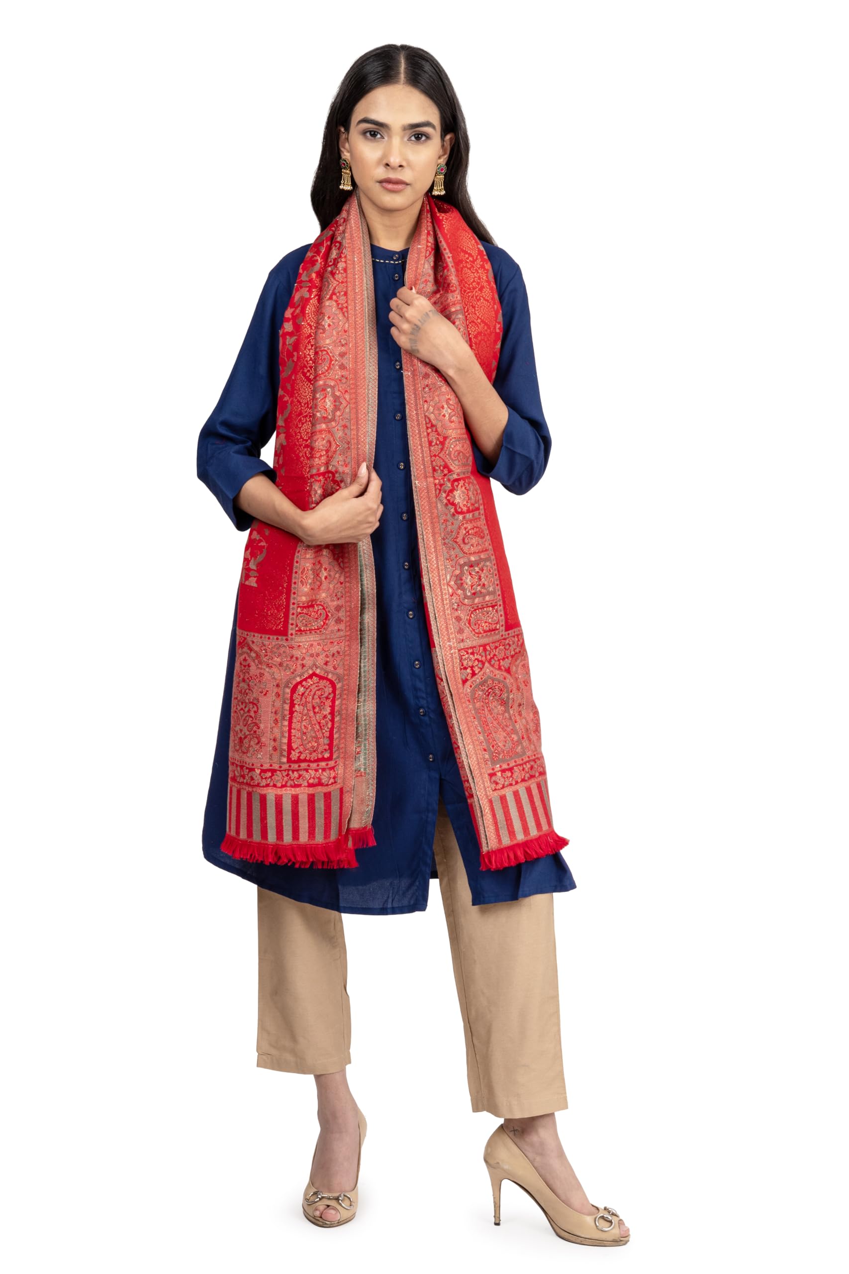 Naureen Women Faux Pashmina Kani Shawl with Mughal Artwork and Zari Accents, Warm and Soft, 40x80 inch
