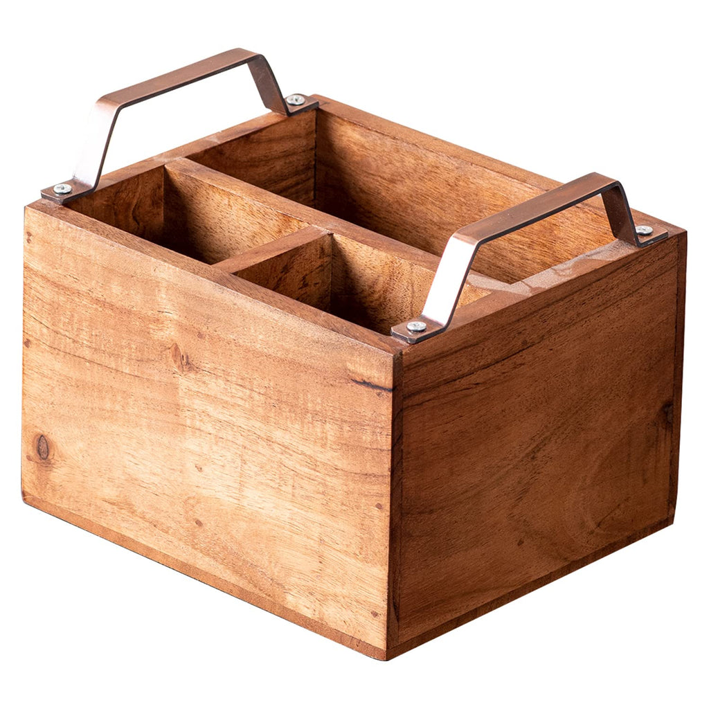 nestroots Cutlery Holder Spoon Stand for Dining Table | Wooden cutlery holder multipurpose | Kitchen rack with copper handle, salt pepper sauces storage Teak Wood Iron Handles copper 3 Sections