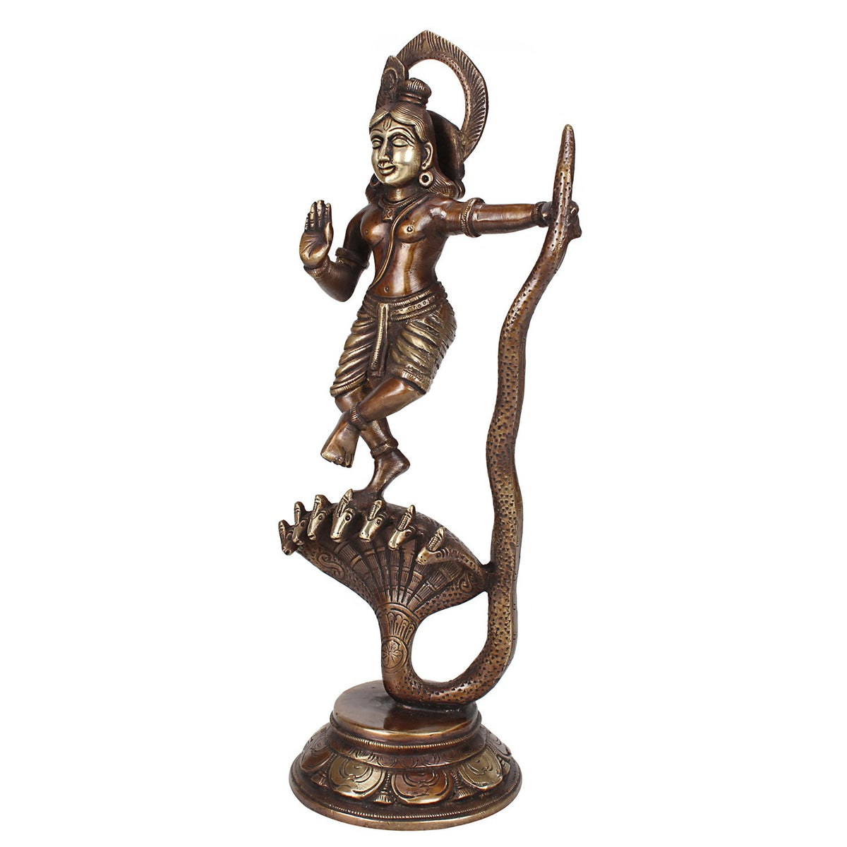 SVARUP Brass Krishna Bhagwan Krishan Murti Dancing on Kaliya Naag Statue for Home Decor Temple Pooja Gift 13 Inch Copper Gold