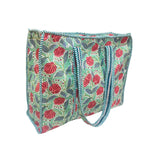 Bazaar Bhoot Edition Premium Cotton Quilted Shopping Tote Bag - Multipurpose Long Lasting Foldable Reusable Bag with zipper for Shopping, Travel & Daily Use - Made in India (Floral Green)