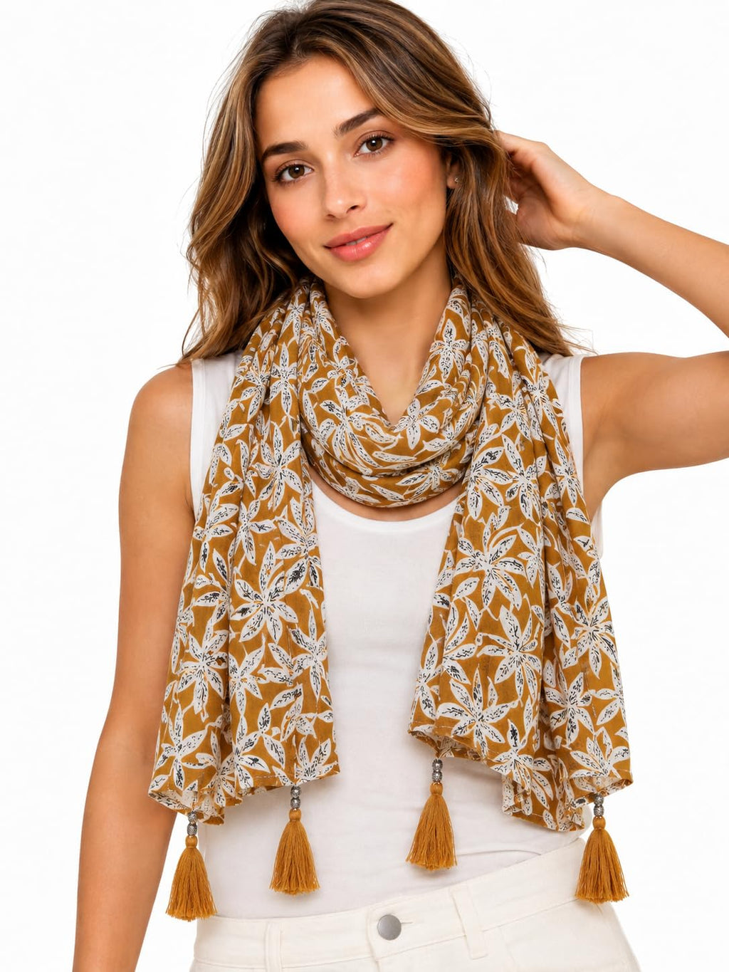 Women's Printed cotton Scarf with Tassels, Lightweight Boho Stole, 180x50 cm, All Seasons (Camel)