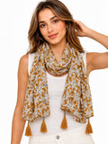 Women's Printed cotton Scarf with Tassels, Lightweight Boho Stole, 180x50 cm, All Seasons (Camel)
