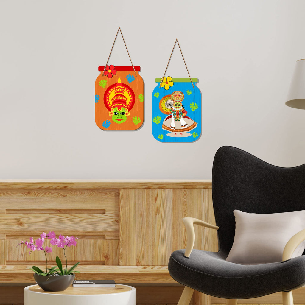 Artvibes Kathakali Cultural Dance Wooden Wall Hanging Art Item For Living Room | Wall Art For Hall | Wall Poster | Graphic Artwork | Ethnic Wall Decor | Gift Items (WH_6813N), Set of 2