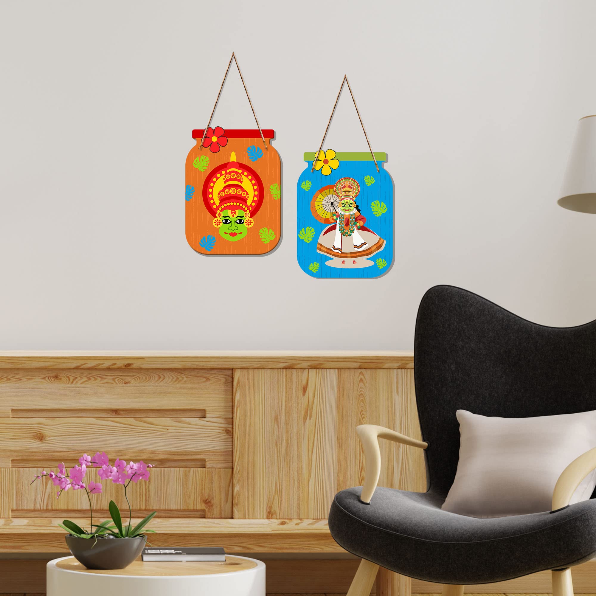 Artvibes Kathakali Cultural Dance Wooden Wall Hanging Art Item For Living Room | Wall Art For Hall | Wall Poster | Graphic Artwork | Ethnic Wall Decor | Gift Items (WH_6813N), Set of 2