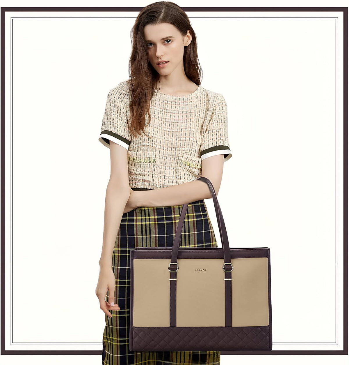 Crewer Bayne Large Size Tote Bag for Woman | Laptop Bags for Women Office Use | Handbag for Women Big Size | Elegant Office Bag for Woman | Tote Bags | 13 Inch Laptops (Baige, 13 inch Laptop)