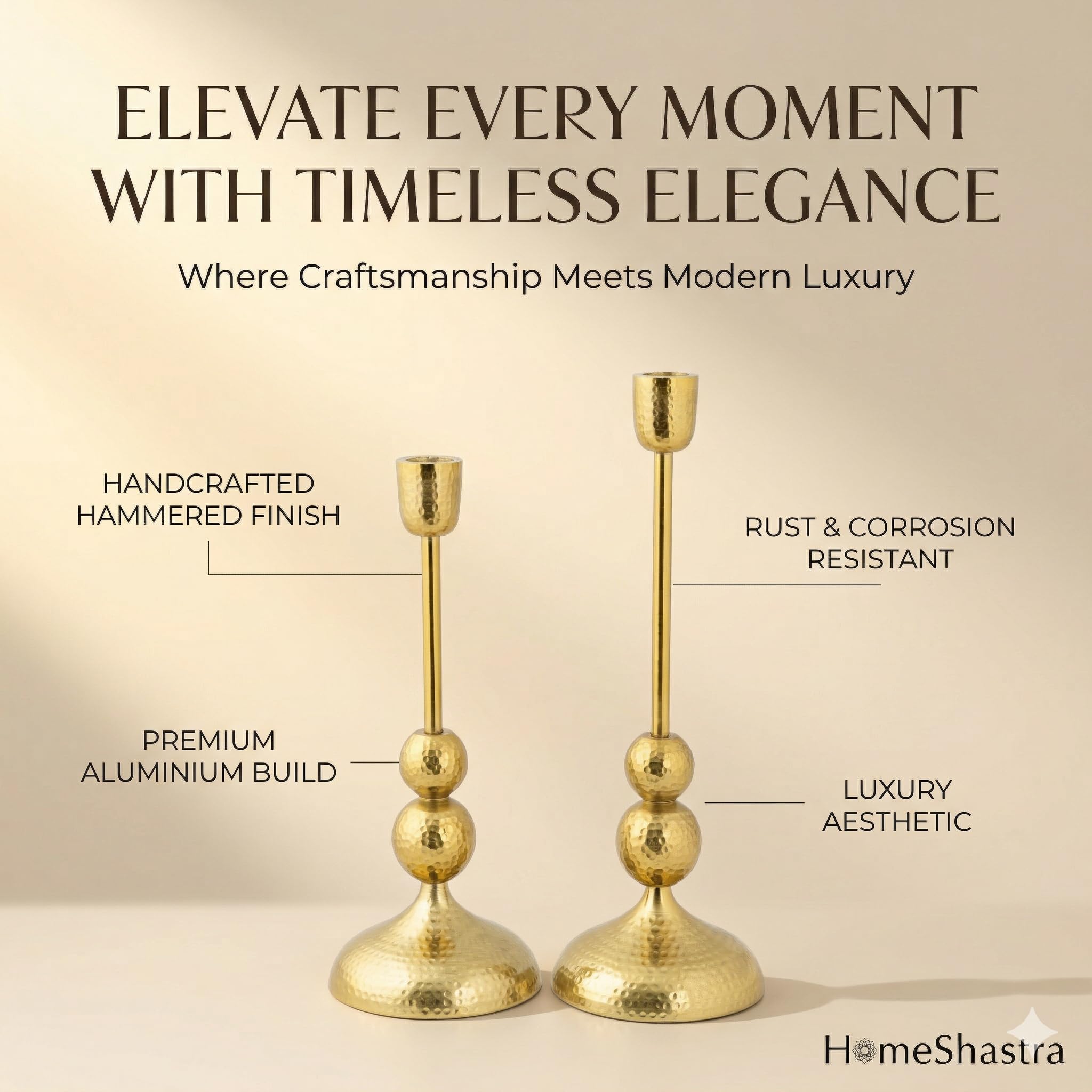 HomeShastra Suvarna Aluminium Candle Holders Set of 2 | Hammered Gold Finish | Decorative Candle Stand for Home Decor, Dining Table, Living Room & Festive Decoration | Perfect for Gifting