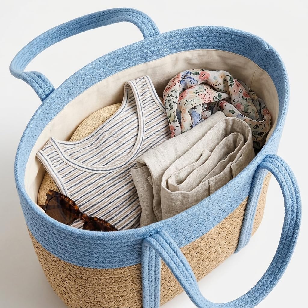 Loom & Luster Handwoven Jute Tote Bag Dual Tone Summer Shoulder Bag | Lightweight Eco-Friendly Handbag for girls and woman (Beige & Blue)