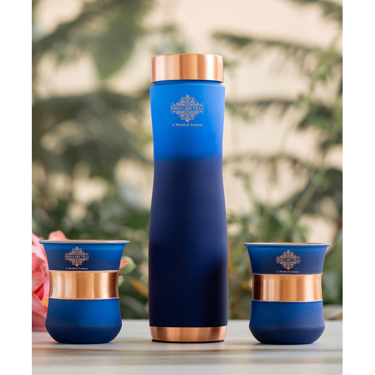 INDIAN ART VILLA Copper Bottle & Glass Gift Set - 950 ml Water Bottle & 2 Glasses (300 ml Each) - Pure Copper with Blue Ombre Silk Finish, Perfect for Gifting & Everyday Use