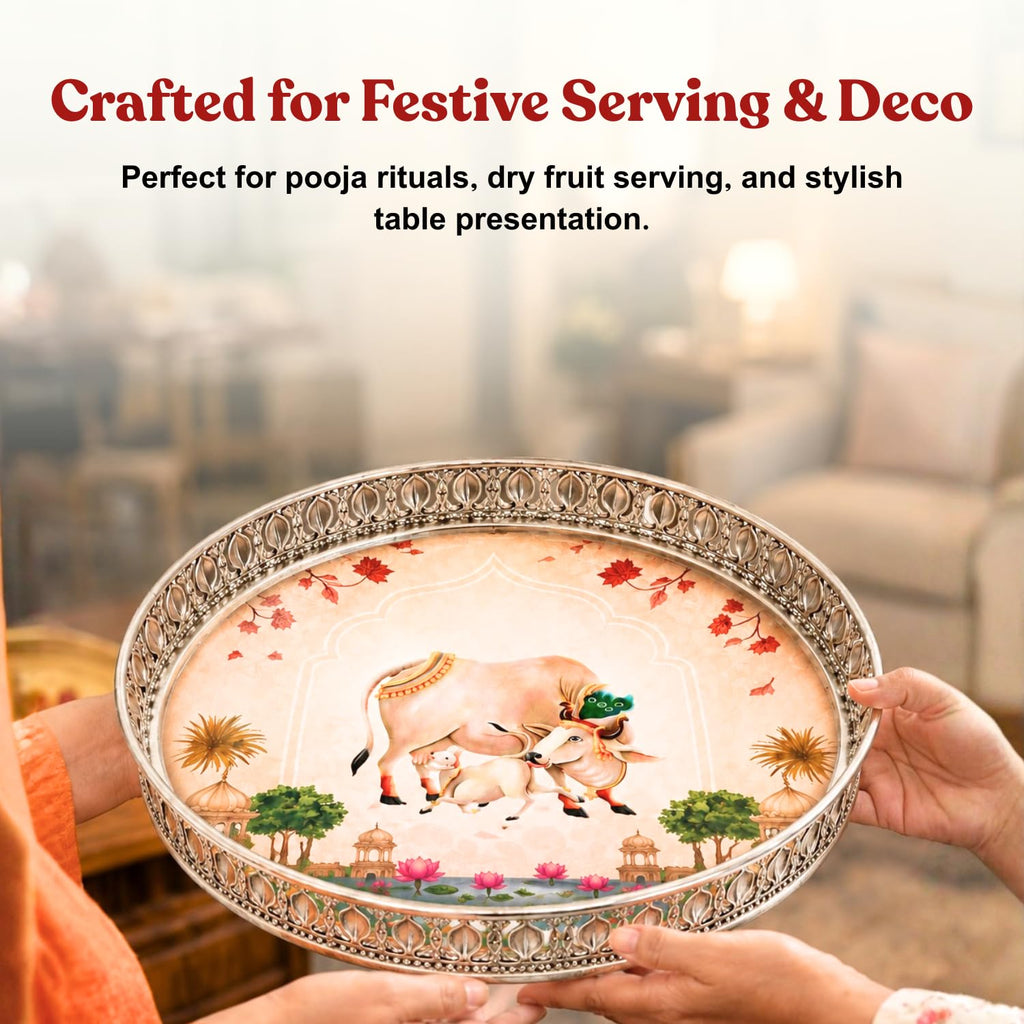 Handcrafted German Silver Pichwai Cow Design Tray 10 Inch | Round Pooja Thali | Decorative Serving Tray for Dry Fruits, Home Decor & Festive Gifting