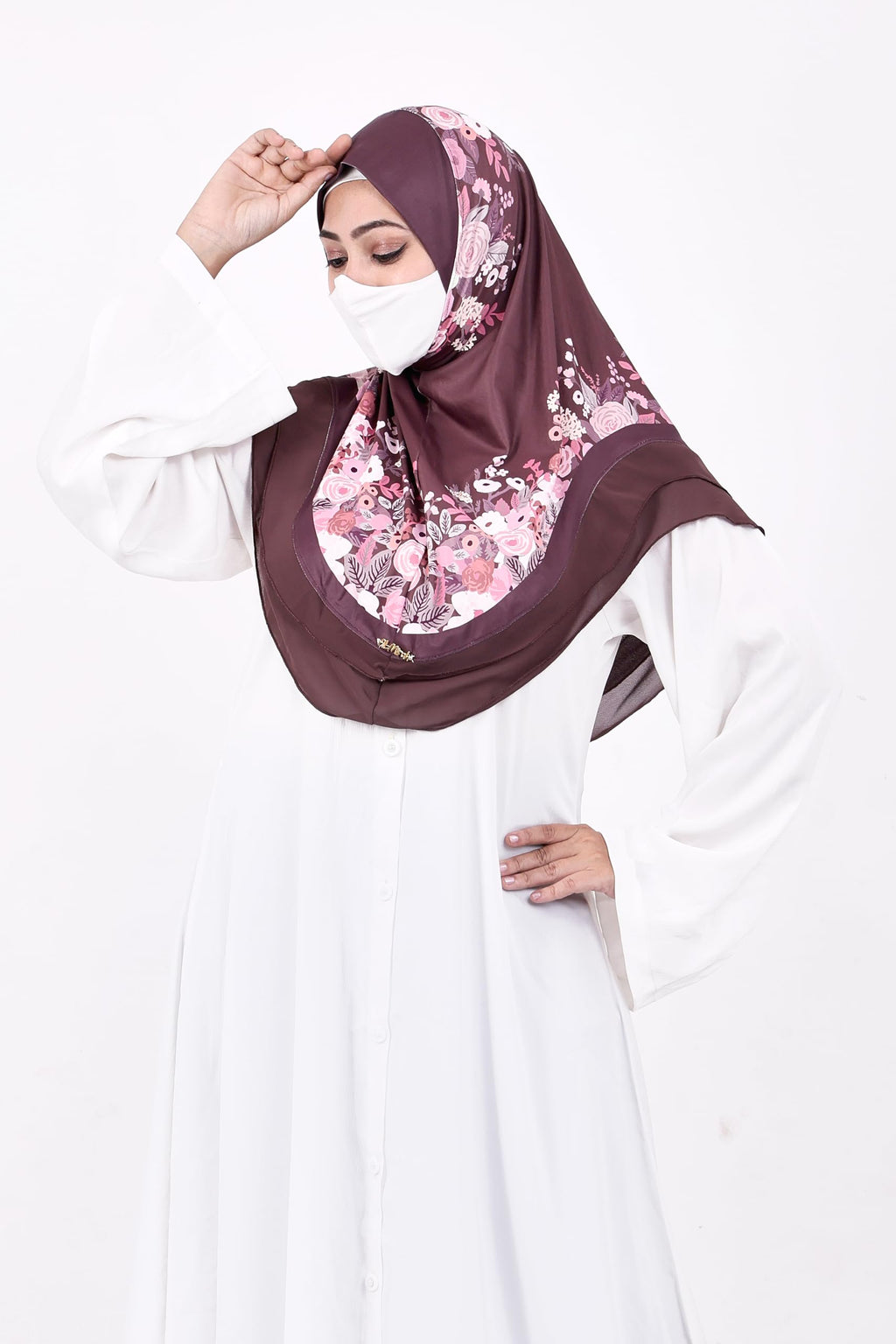Markaz Hijab Printed Malaysian Instant Hijab for Women | Floral Border Design | Ready to Wear Modest Fashion Headscarf | Elegant Muslimah Style (DARK BROWN, M (25))