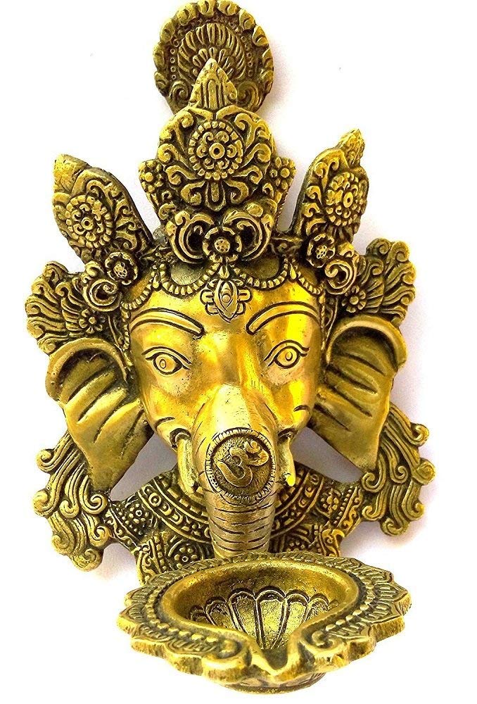 ARTVARKO Brass Ganesh Ganesha Diya On Trunk Wall Hanging Designer Deepak Deepam for Marriage Office Showpiece Gold Standard 1 Pcs