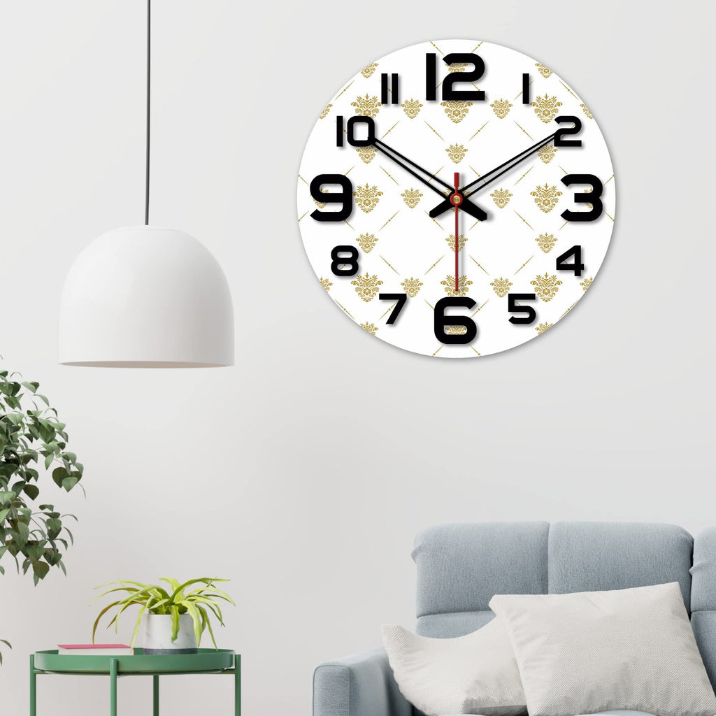 VIBECRAFTS Golden Floral Pattern Wooden Wall Clock for Home Decor, Office, Living Room, Bedroom, Cafe's, Gifts (WWCVC1Pcs_15054)