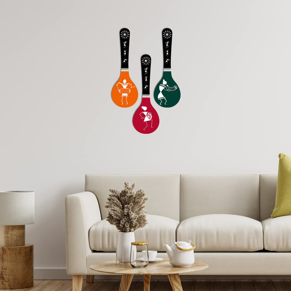 Artvibes Dancing Peoples Traditional Warli Folk Art Wooden Wall Hanger For Home | Living Room | Handcrafted Art | Wall Poster | Aesthetic Wooden Decor | Art Print | Unique Gift (WH_5007N), Set of 3
