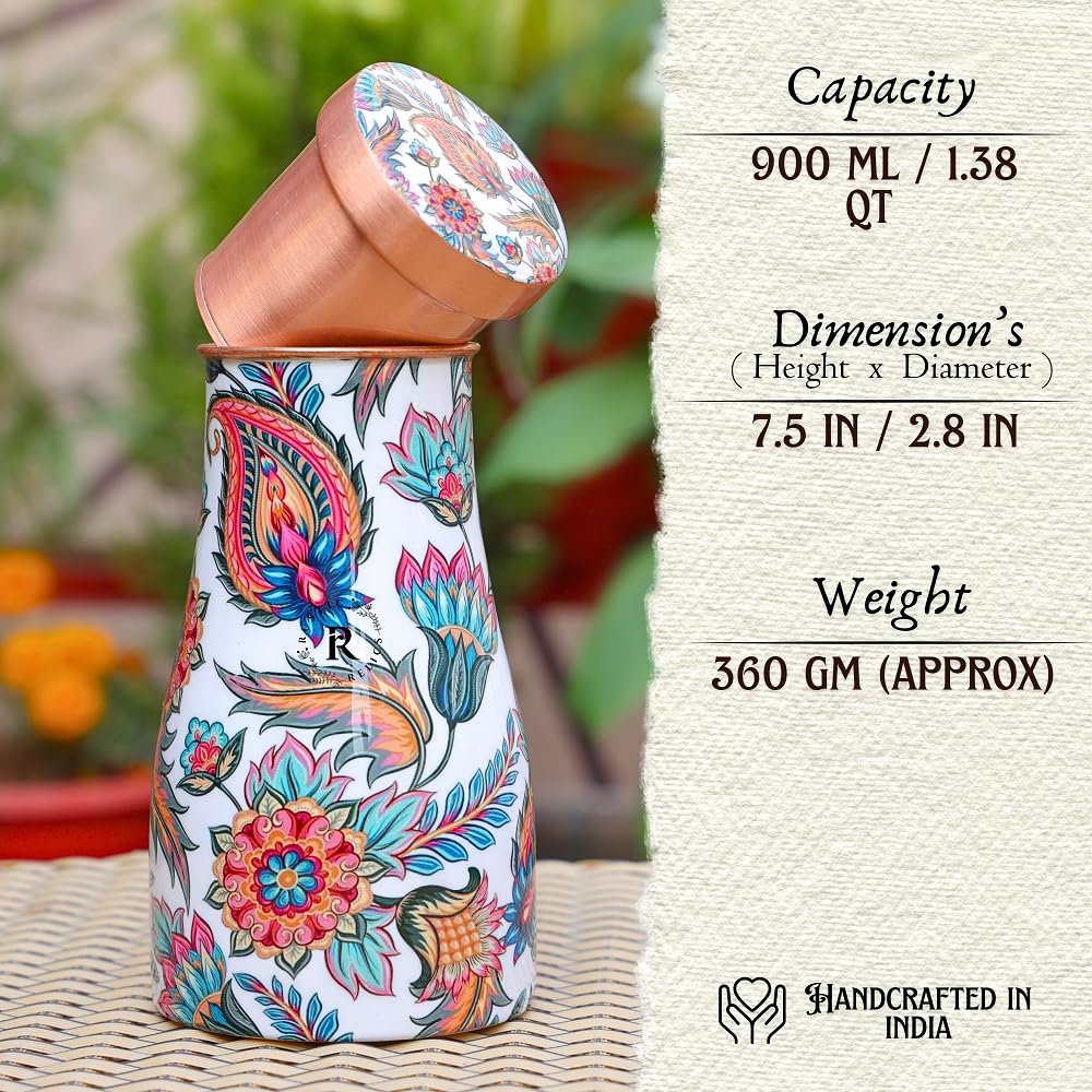 RUSTIC RELICS Meena Print Copper Water Bottle Jar - 1L | With Inbuit Glass In Lid | Beautiful And Elegant Meena Print Design | Kitchen And Bedroom Sugar Water Storage Pot